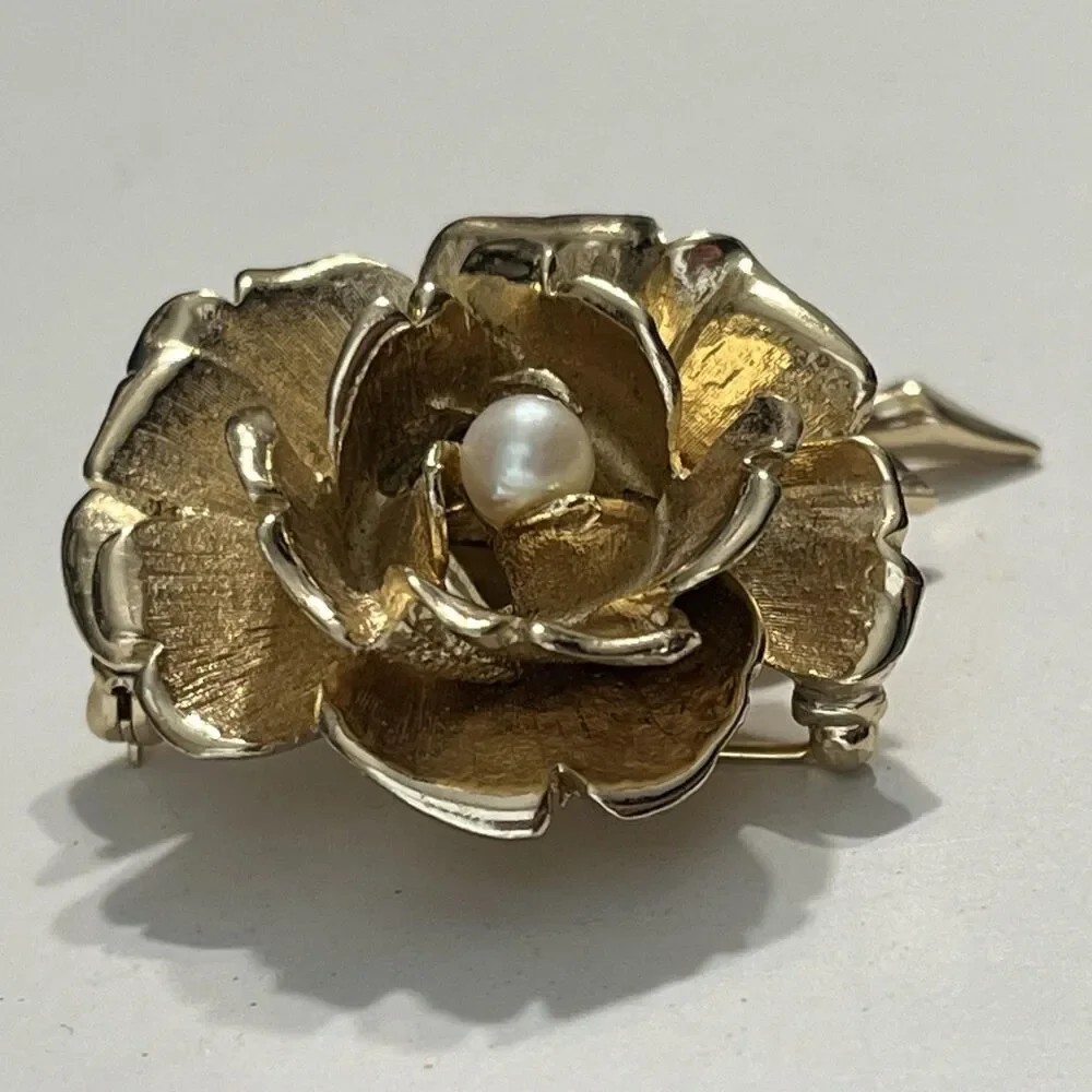 Vintage Marcel Boucher Rose Flower Brooch Gold Tone Pearl Pin Floral Italy